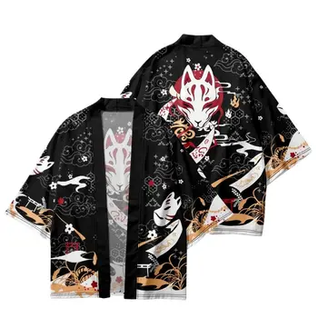 Liber Japoneză Plaja Cardigan Streetwear Catroon Fox Masca Florale Imprimate Negru Roșu Bărbați Femei Kimono Tricou Haori Cosplay Yukat