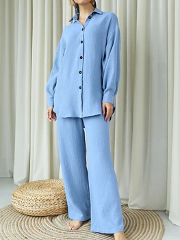 Linad Bumbac 2 Seturi de Piese pentru Femei Haine de Acasă Vrac Maneca Lunga, Pijamale Femei Costume cu Pantaloni Casual de Primavara Solid Pijamale