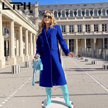LTPH ins streetwear albastru amestecuri de lână haina liber slim sacou dublu rânduri lung trenci elegant de epocă îmbrăcăminte exterioară 2021 toamna anului nou