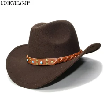 LUCKYLIANJI Copil Copil Locuri de Lână Simțit Western Cowboy Pălărie Margine Largă Fermiera Panglica Banda de Piele (O singură Dimensiune:54cm)