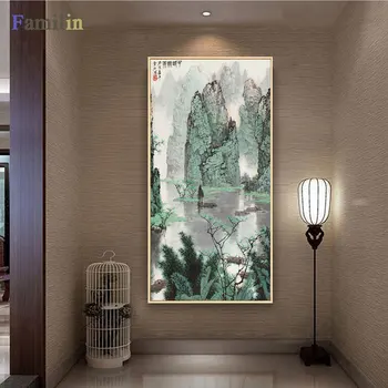 Mare Arta de Perete Panza Printuri Chineză Munte și Râu pictura Tablou Hol, Living Decor Panza de Artă Poster de Imprimare Imagine