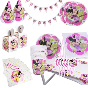 Minnie Mouse-Set De Decorare Copii Fete Consumabile Partid Ziua De Nastere Ceașcă De Hârtie, Placă De Servetele Banner Flag Balon Tacamuri De Unica Folosinta