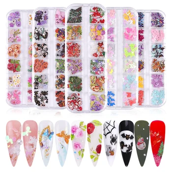 Mixt color unghii paiete de Crăciun DIY Halloween floare fluture nail art ornament decor 12 grile, 6 grile per cutie