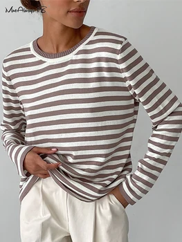 Mnealways18 Clasic Femei Stripe Tee Cămașă Casual Print Supradimensionat Tricotate de Sus O-Gât Topuri cu Maneci Lungi Si Bluza de Moda T-shirt