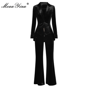 MoaaYina Designer de Moda Toamna Iarna catifea Neagra, Pantaloni de Costum Femei Singur buton Sacou Lung și Pantaloni Set de Doua Bucati