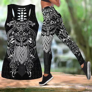 Moda pentru Femei Dresuri Frumoase Viking Tatuaj 3D de Imprimare Combinație Vesta + Jambiere Sexy Stretch Femei Pantaloni de Yoga