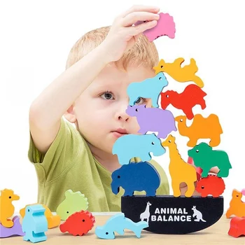 Montessori pentru Copii din Lemn de Echilibru Animal de Jucărie Dinozaur de Constructii Stivuite Mare Tabla de Joc din Lemn Jucarii Educative pentru Baieti Fete Cadou