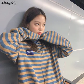 Mânecă lungă T-shirt Femei Retro cu Dungi Clasic coreean Colegiu Primavara Toamna Adolescenti Topuri Tricou Toate-meci de zi cu Zi Minunata Fetele de Top