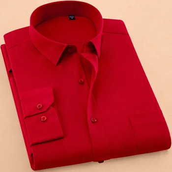 Noua Toamna Mens Tricou Rochie Casual Cu Maneci Lungi De Culoare Pură De Afaceri Roșu Stand Guler De Îmbrăcăminte De Sex Masculin Camisa Masculina Sociale