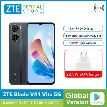 Noua Versiune Globală ZTE Blade V41 Vita 5G Smartphone Dimensity 810 50MP Triplă Camere 6GB, 128GB NFC 22.5 W 4500mAh
