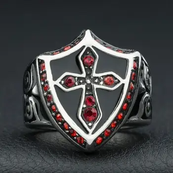 Noul Creativ Retro Incrustate cu Zircon Rosu Templar Cruce Scut Inel de Moda pentru Bărbați Dominator Rock Bijuterii Cadou