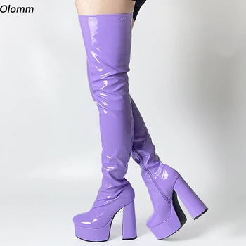 Olomm Nou Sosire, Femeile Platforma Cizmele Copita Tocuri Rotund Toe Superb Violet Roz Negru Pantofi de Partid Femei Plus Dimensiune SUA 5-15