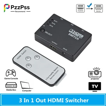 PzzPss HDMI Switcher 3 În 1 din 3 Porturi Hub Cutie Comutator Auto HD 1080p 1.4 Cu Telecomanda pentru HDTV XBOX360 DVD Proiector