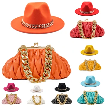 pălărie sac seturi de femei fedoraStraw Pălărie și Geantă Set Sac Lanț de Aur Hat Set Doamnelor cercel fedora Biserica Fedora Petrecere Jazz Pălărie de Paie