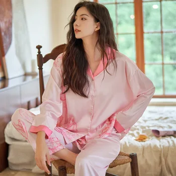 QSROCIO de Înaltă Calitate pentru Femei Set de Pijama Floral Print Faux Mătase cămașă de noapte Roz Homewear de Agrement Simplu Sleepwear Body Feminin
