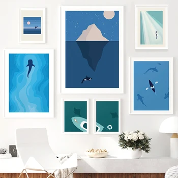 Rechin Balena Orca Turtle Manta Scafandru Surfer Ocean Arta De Perete Panza Pictura Nordică Postere Si Printuri Poza Perete Decor Camera Pentru Copii