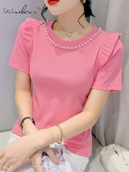 Roz T-shirt Femei Design Volane Perle, ștrasuri din Mărgele Elegant Solid O-gat Maneci Scurte din Bumbac Topuri Noi 2022 Vara T25212X