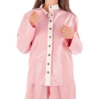 Sexy Latex Pijamale Mâneci Lungi Guler Înalt Vag Cauciuc Tricouri Copii Roz și Alb Bluze Top Îmbrăca