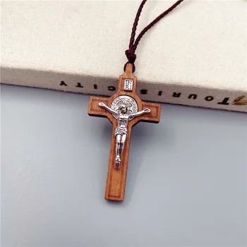 Simplu Convingeri Religioase De Rugăciune Botezul Creștin Isus Lemn Cruce De Metal Ceara Frânghie Colier Barbati Femei Accesorii Bijuterii Cadou