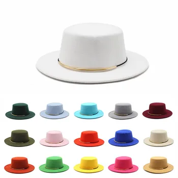 Simplu Femei Brim Fedora Lână Plat Top Hat Biserica Derby Curea Capac De Lână Pălărie De Fetru Petrecere De Moda Jazz Trilby Hat