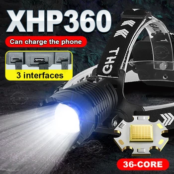 Super-Luminos XHP360 Puternic LED Far de Mare Putere USB Reîncărcabilă lampă de Cap XHP220 Cap lanterna Camping Far Lanternă