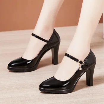 SWONCO Piele a Subliniat Toe Stilet Pantofi pentru Femei pantofi Negri 2020 Primăvară Nouă Sexy Femeie a Subliniat Toe Tocuri Negru OL Pantof