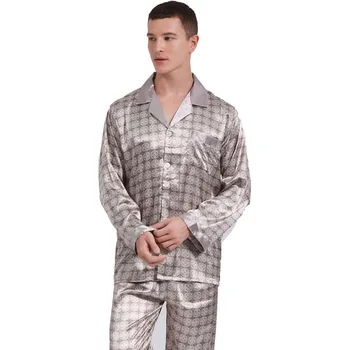 Tipărite Pijamale de Mătase pentru Bărbați Pijamale Confortabile Moale Neted de Mătase Lungă Maneca cămașă de noapte Topuri Pantaloni Două Bucăți Mens Pijama Set