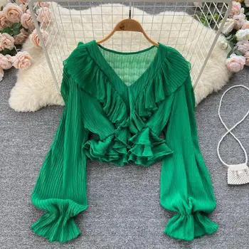 Toamna Bluza Vintage pentru Femei Volane Maneca Lunga Femei Topuri Subtiri Falduri Plisate Elegante Scurte Blusas Alb/Verde/Negru/Bown