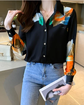Toamna cămașă cu mâneci lungi de femei 2021 noua moda all-meci rever navetiști profesionale sifon imprimat mici camasa Slim