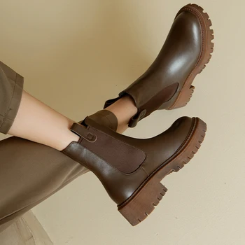 Toamna Iarna din PIELE Chelsea Cizme de Înaltă Calitate pentru femei Cizme pentru Femei Slip-On Pantofi Platforma Indesata Toc Glezna Cizme pentru Femei Pantofi