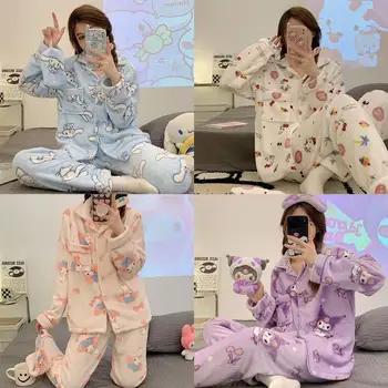 Toamna și Iarna Noi Sanrio Serie Pijamale Flanel Set de Două Drăguț Scortisoara Negru Melodie Caldă, Haine de Acasă Kawaii