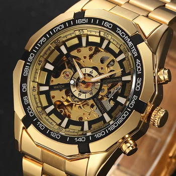 Top Brand de Lux CÂȘTIGĂTOR Nouă Bărbați Clasic de Schelet Ceasuri Mecanice Bărbați din Oțel Inoxidabil de Aur Trupa Ceasuri Relogio Masculino