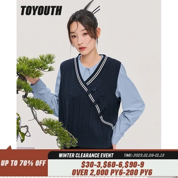 Toyouth Femei Tricot Vesta 2022 Toamnă Fără Mâneci V Gât Pulovere Largi De Design Buton Albastru Casual Chic Streetwear Topuri