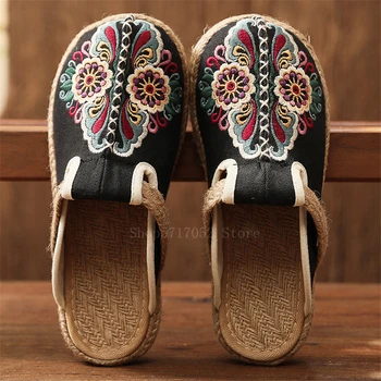 Tradițională chineză Stil Etnic Florale Brodate Slip-on Papuci pentru Femei Apartamente Rotund Realizate manual Weave Pantofi de Paie Pantofi