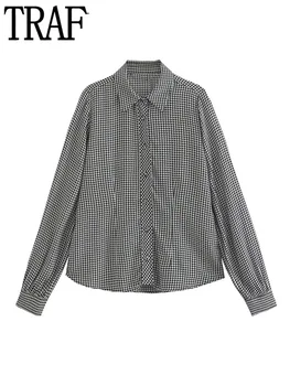TRAF Houndstooth Shirt Femei cu Guler Buton-Up Bluza Femei cu Maneci Lungi Bluze Femei Casual Streetwear Camasi pentru Femei Topuri