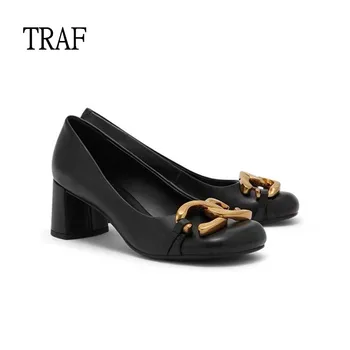 TRAF Negru, Pantofi cu Toc Femei Pompe 2023 Moda Cap Rotund Inel de Metal Cataramă cu Toc Pantofi Femei cu Toc Înalt de Designer de Lux