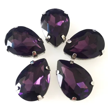 Transport gratuit!Deep purple în formă de Picătură de ploaie de calitate Superioara, sticla coase pe pietre, Argint jos vrac strasuri