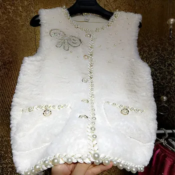 Trei-dimensional bowknot perla strălucitoare vesta de blana femei, o-neck toamna iarna diamant ștrasuri din mărgele vesta