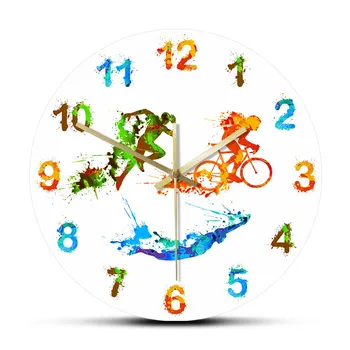 Triatlon Stropi De Vopsea De Arta Imprimate Ceas De Perete Pentru Camera De Zi De Inot Ciclism Alergare Triatlon Decor Acasă Ceas De Perete Ceas