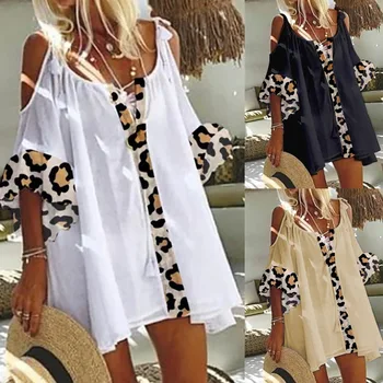 Vara Femei Leopard de Imprimare Topuri Casual Liber Off-umăr de Mari Dimensiuni de Top T-shirt Tendință de Moda de Culoare Solidă Midi cu Maneca Topuri