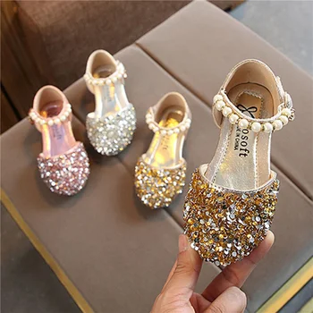Vara Toamna Copii mici Printesa Pantofi, Stil Dulce Fete Mici Paiete Perla Faux Decor Sandale fara Talpa