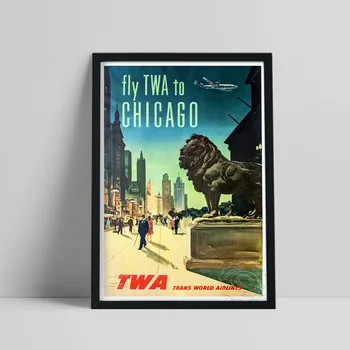 World Travel Imprimare Poster, Avion Zbura La Chicago, Panza Pictura, Epocă De Artă Din Chicago Stradal Poza Perete Decor Acasă Cadou
