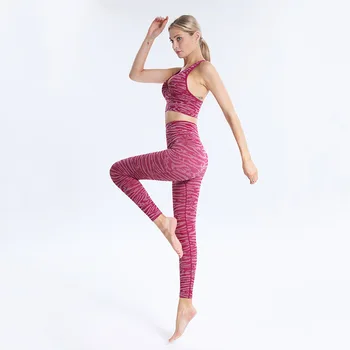 Yoga Costum fără Sudură Costum de Sport Femei din Două piese Jacquard cu Dungi Talie Mare de Fitness Hip Ridica iute Uscat