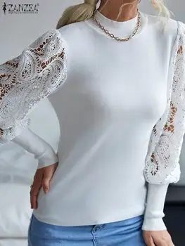 ZANZEA Femei de Moda Bluze Elegante din Dantela Puff Maneca Guler Tricotate Blusa Toamna anului 2022 Casual Stramti de Culoare Solidă Topuri