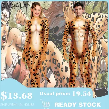 Zawaland Adult Costume Cosplay Animale 3D Bodysuit Leopard Imprimate Zentai se Potriveste cu Coada Unisex Sexy Petsuit Musculare Salopete