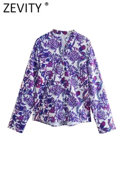 Zevity Femei Vintage Paisley Floral Violet Print Casual Salopeta Bluza Femei cu Maneci Lungi Pieptul Tricou Subțire Blusas Topuri LS1888